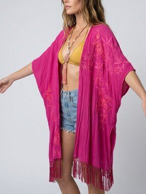 Fringe Kimono Wrap Jacket Bright Pink Embroidered Beach Cover Up